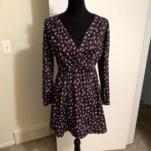 S Bar lll V Neck Long Sleeve MIDI Dress Blue with Orange Birds